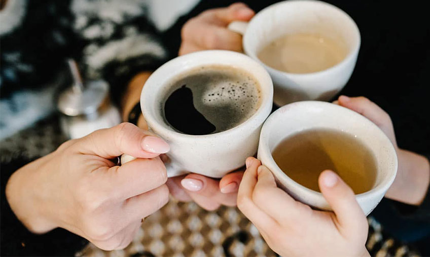 Mugs filled with coffee and tea